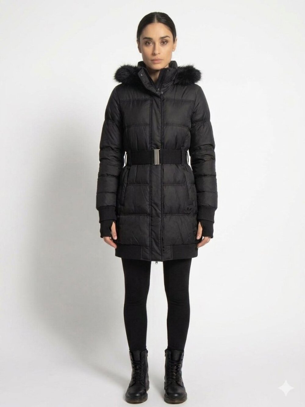 adidas Originals Premium Long Insulated Slim Belted Jacket Puffer Black Women S - Picture 7 of 7